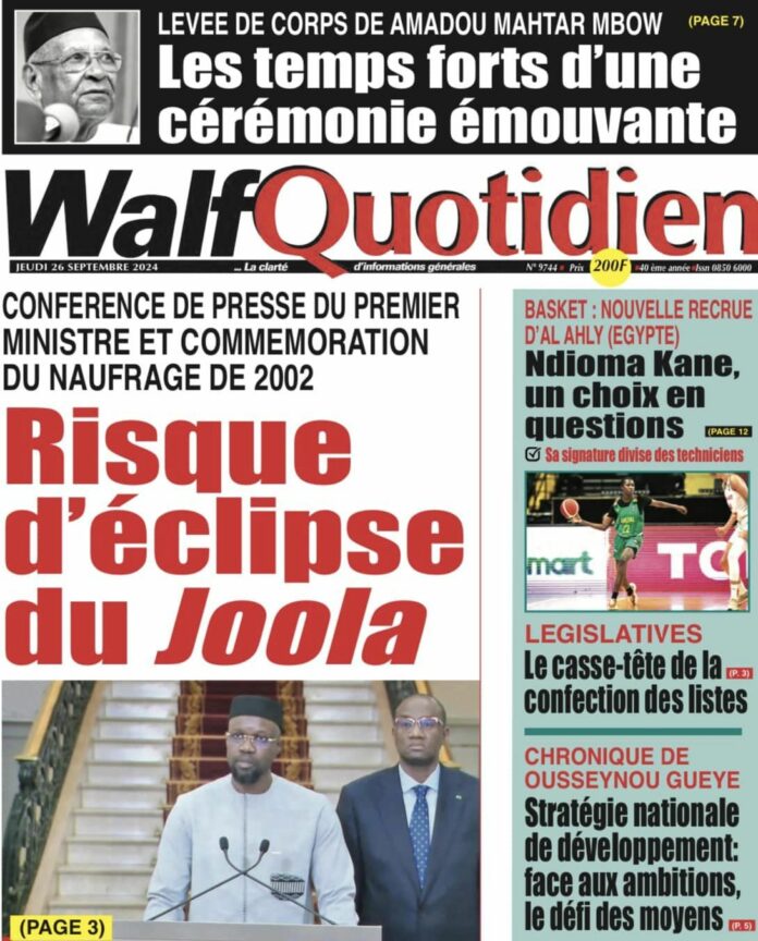 Découvrez les Unes des journaux sénégalais du jeudi 26 septembre 2024